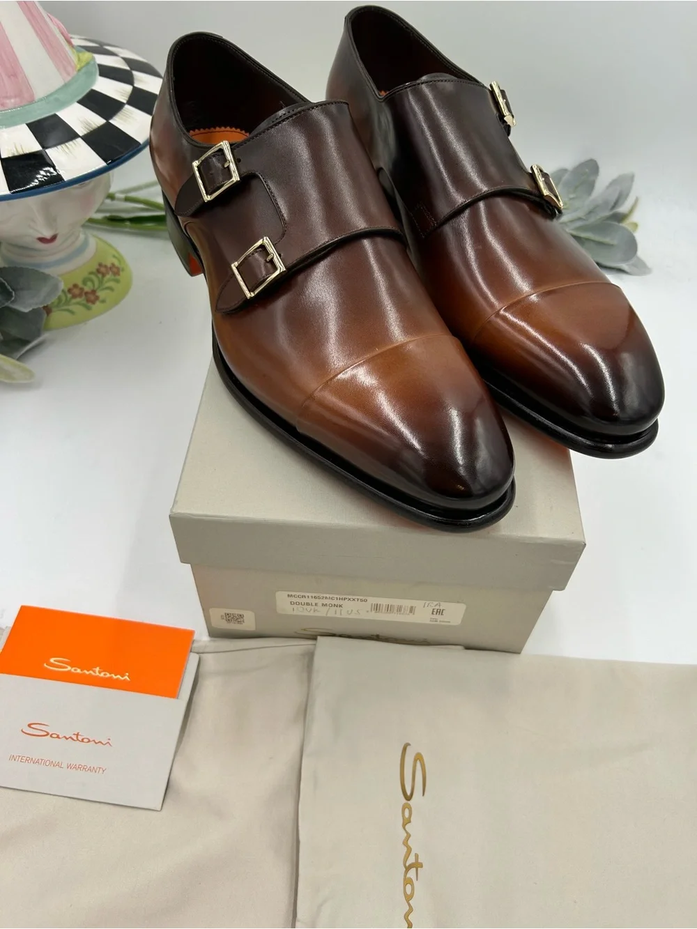 Men's Santoni Ira double Monk strap BURNISHED Leather Oxford, size 11 US